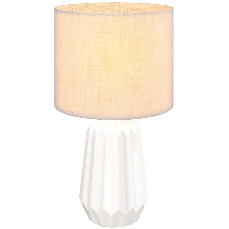 Lámpara de Mesa con Base de Cerámica y Pantalla de Lino Estilo Retro para Dormitorio 40W Blanco y Beige