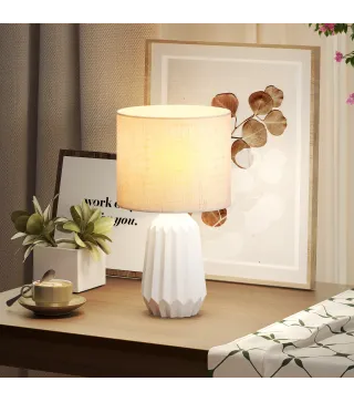 Lámpara de Mesa con Base de Cerámica y Pantalla de Lino Estilo Retro para Dormitorio 40W Blanco y Beige