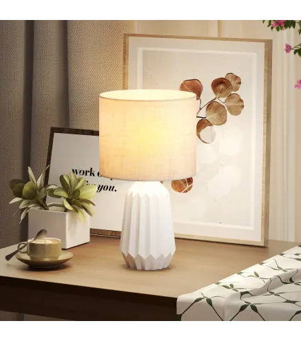Lámpara de Mesa con Base de Cerámica y Pantalla de Lino Estilo Retro para Dormitorio 40W Blanco y Beige