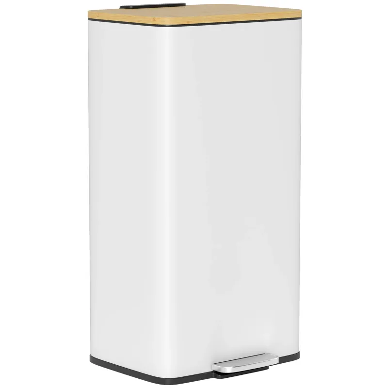 Cubo de Basura Cocina con Pedal 20L Tapa Cierre Suave Cubo Interior Extraíble 29,5x29,5x56,8 cm Blanco y Natural