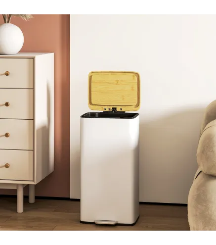 Cubo de Basura Cocina con Pedal 20L Tapa Cierre Suave Cubo Interior Extraíble 29,5x29,5x56,8 cm Blanco y Natural