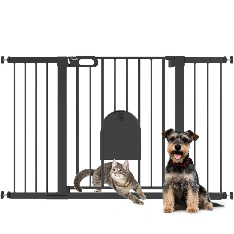 Barrera de Seguridad para Perros con Puerta Pequeña para Escaleras y Puertas 75-131 cm con 3 Extensiones Negro Barrera de Seguridad para Perros con Puerta Pequeña para Escaleras y Puertas 75-131 cm con 3 Extensiones Negro
