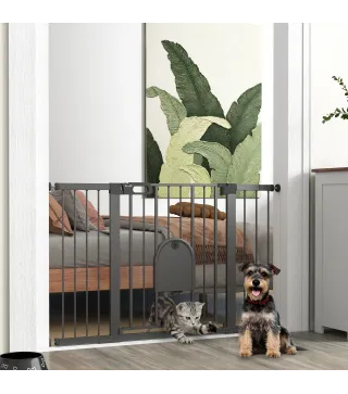 Barrera de Seguridad para Perros con Puerta Pequeña para Escaleras y Puertas 75-131 cm con 3 Extensiones Negro
