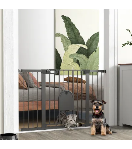 Barrera de Seguridad para Perros con Puerta Pequeña para Escaleras y Puertas 75-131 cm con 3 Extensiones Negro