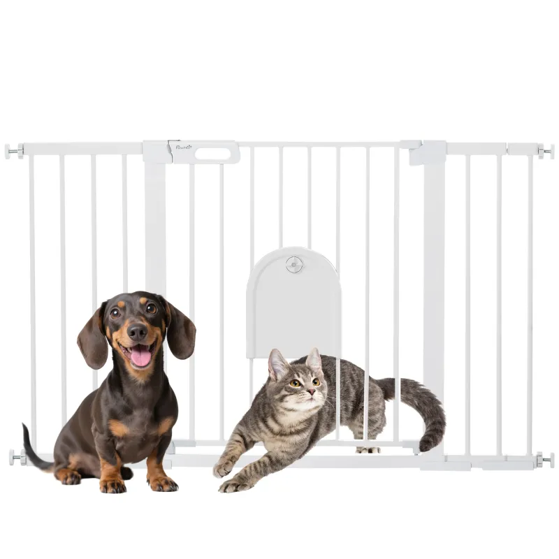 Barrera de Seguridad para Perros con Puerta Pequeña para Escaleras y Puertas 75-131 cm con 3 Extensiones Blanco