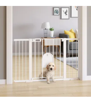 Barrera de Seguridad para Perros con Puerta Pequeña para Escaleras y Puertas 75-131 cm con 3 Extensiones Blanco