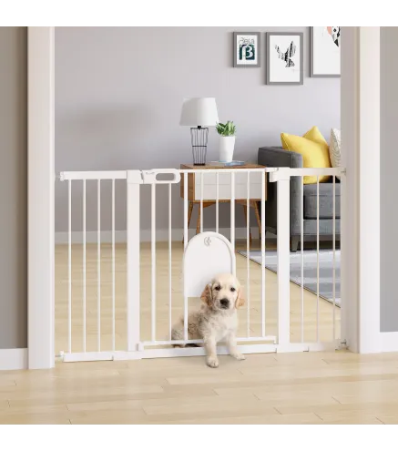 Barrera de Seguridad para Perros con Puerta Pequeña para Escaleras y Puertas 75-131 cm con 3 Extensiones Blanco