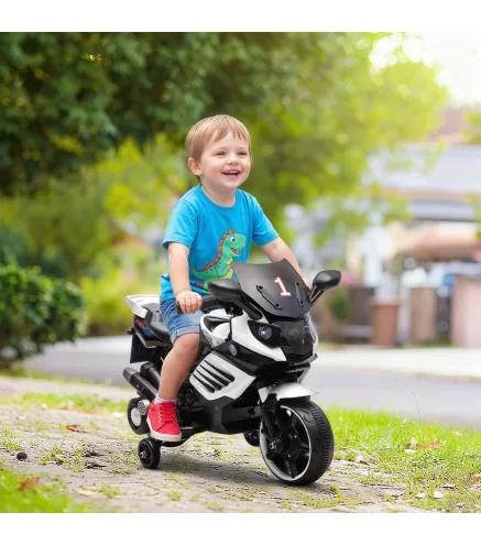 Moto Eléctrica para Niños 6V con Ruedas de Apoyo Música Faro para Niños de 18-36 Mesas Blanco