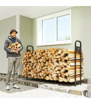 Leñero Exterior Metálico de Chimenea Carga 300 kg con Patas Extra Reforzadas y Diseño Recortado de Fogata Negro