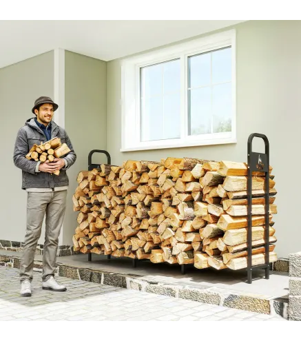 Leñero Exterior Metálico de Chimenea Carga 300 kg con Patas Extra Reforzadas y Diseño Recortado de Fogata Negro