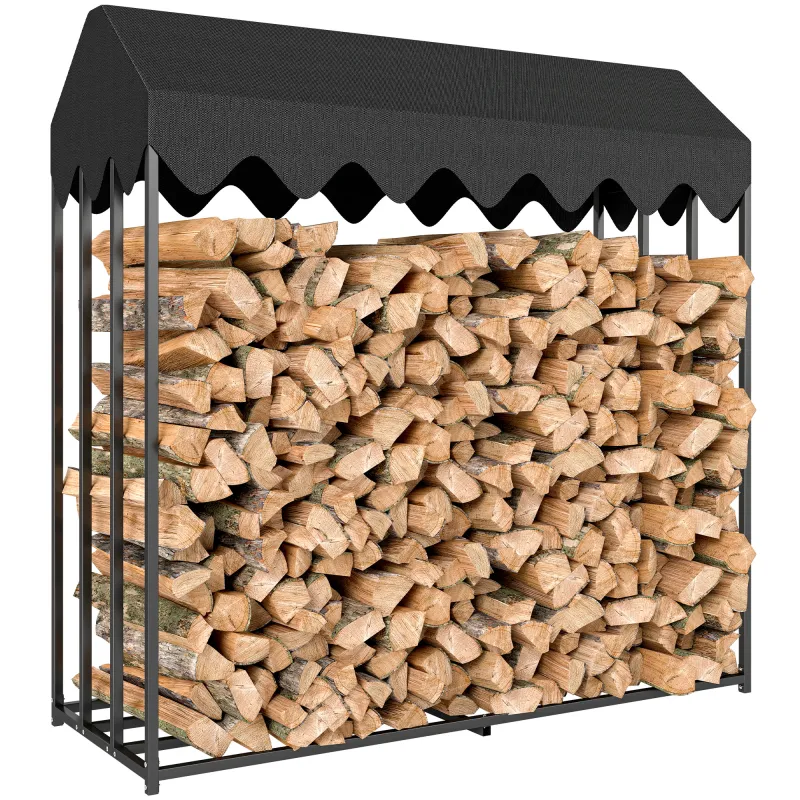 Leñero Exterior Metálico de Chimenea Soporte para Leña con Cubierta Impermeable 186x70x185 cm Negro