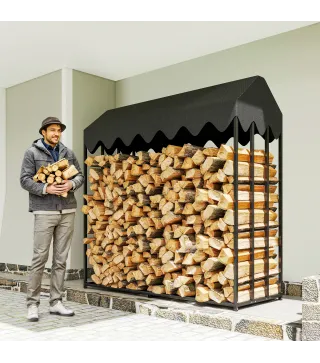 Leñero Exterior Metálico de Chimenea Soporte para Leña con Cubierta Impermeable 186x70x185 cm Negro
