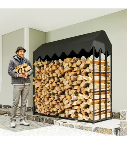 Leñero Exterior Metálico de Chimenea Soporte para Leña con Cubierta Impermeable 186x70x185 cm Negro