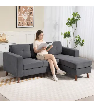 Sofá Chaise Longue Reversible de 3 Plazas Tapizado en Pana Marco de Acero para Espacios Reducidos Gris Oscuro