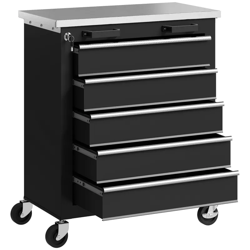 Carro de Herramientas con Ruedas Carro de Taller de Acero con 5 Cajones Conectores Laterales para Garaje Negro y Plata