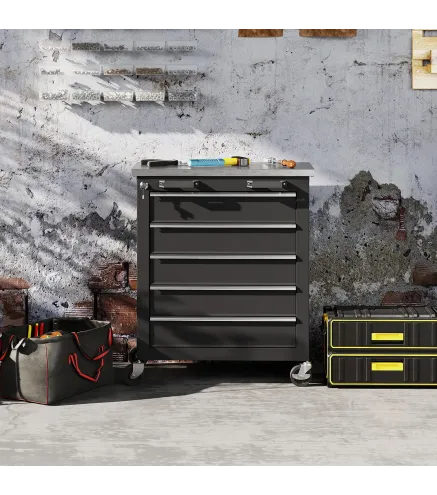 Carro de Herramientas con Ruedas Carro de Taller de Acero con 5 Cajones Conectores Laterales para Garaje Negro y Plata