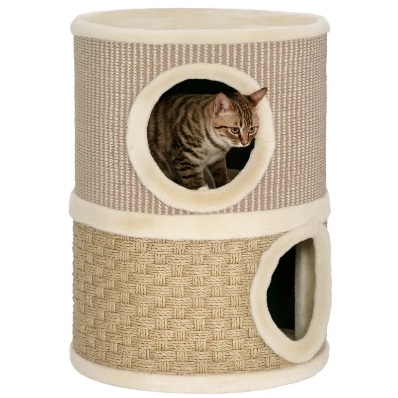 Barril Rascador para Gatos de 2 Niveles Altura 49 cm Tonel de Escalada con Cama Cubierto de Sisal Caqui y Café Barril Rascador para Gatos de 2 Niveles Altura 49 cm Tonel de Escalada con Cama Cubierto de Sisal Caqui y Café