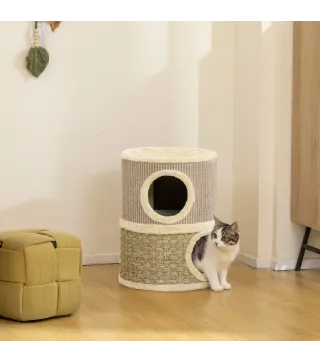 Barril Rascador para Gatos de 2 Niveles Altura 49 cm Tonel de Escalada con Cama Cubierto de Sisal Caqui y Café