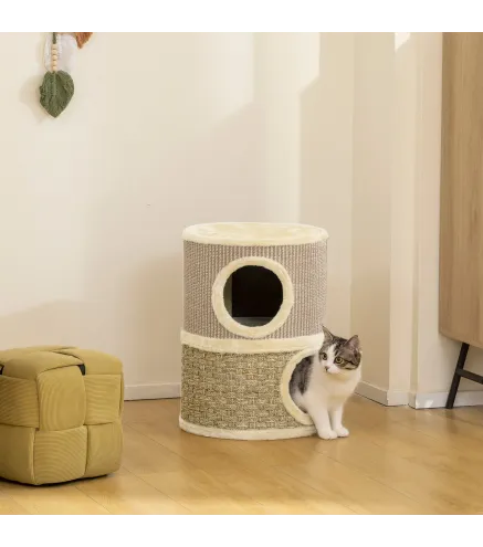 Barril Rascador para Gatos de 2 Niveles Altura 49 cm Tonel de Escalada con Cama Cubierto de Sisal Caqui y Café