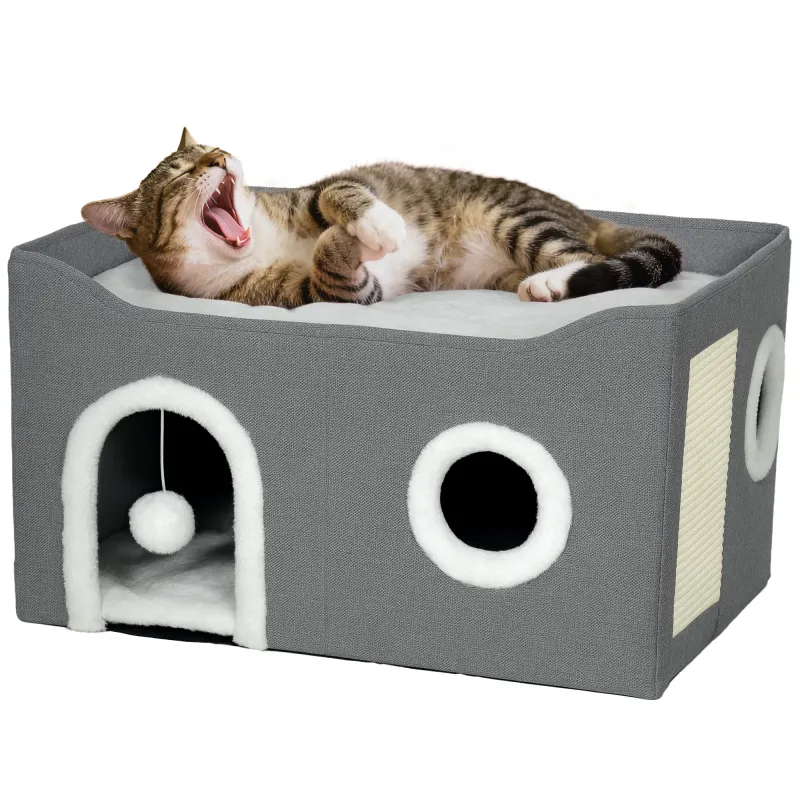 Casa para Gatos Plegable con Rascador 3 Entradas Bola Colgante Cojín Reversible en Felpa y Tipo Lino 60x40X34 cm Gris