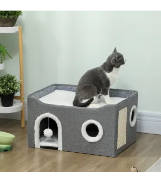 Casa para Gatos Plegable con Rascador 3 Entradas Bola Colgante Cojín Reversible en Felpa y Tipo Lino 60x40X34 cm Gris