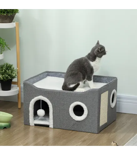 Casa para Gatos Plegable con Rascador 3 Entradas Bola Colgante Cojín Reversible en Felpa y Tipo Lino 60x40X34 cm Gris