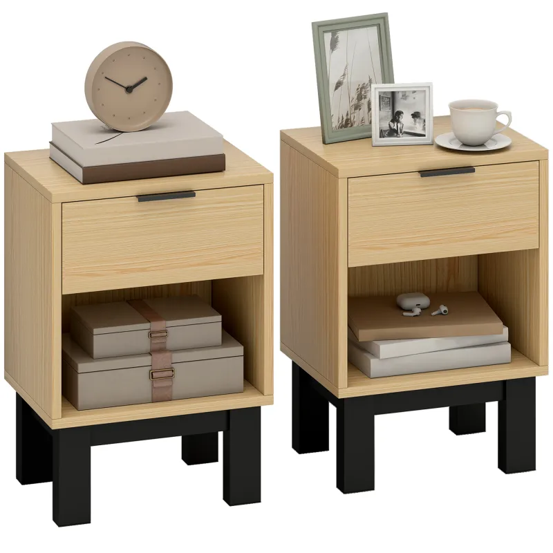 Juego de 2 Mesitas de Noche Estrechas Mesillas de Noche Modernas con Cajón Estante Abierto 35x26x50 cm Roble