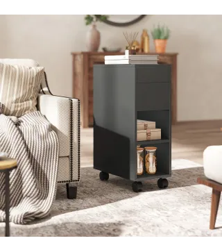 Mesa Auxiliar con Encimera Deslizante Ruedas Almacenamiento Oculto Estante Ajustable Negro