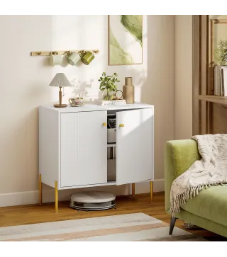 Aparador Moderno con 2 Puertas Estantes Ajustables Encimera con Efecto Mármol Patas de Acero Blanco 80x39,1x76 cm