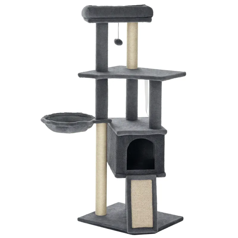 Árbol Rascador para Gatos Árbol para Gatos 127 cm con Cueva Hamaca Cama Plataformas Rampa de Sisal Bola Colgante Gris