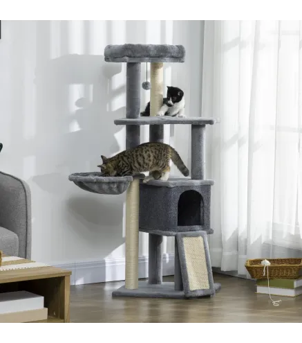 Árbol Rascador para Gatos Árbol para Gatos 127 cm con Cueva Hamaca Cama Plataformas Rampa de Sisal Bola Colgante Gris