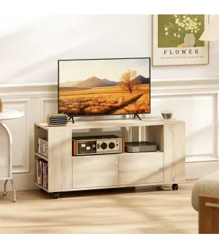 Mueble de TV con Ruedas para Televisión hasta 42 Pulgadas con 2 Cajones Estantes Ajustables Madera Natural