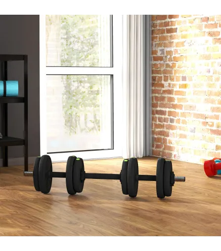 Juego de Mancuernas Ajustables 15 kg 2 en 1 con Barras Conexión y Mangos Antideslizantes para Gimnasio en Casa Negro