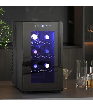 Vinoteca 8 Botellas con Doble Refrigeración Termoeléctrica Temperatura Ajustable 8-18℃ Puerta de Vidrio Negro