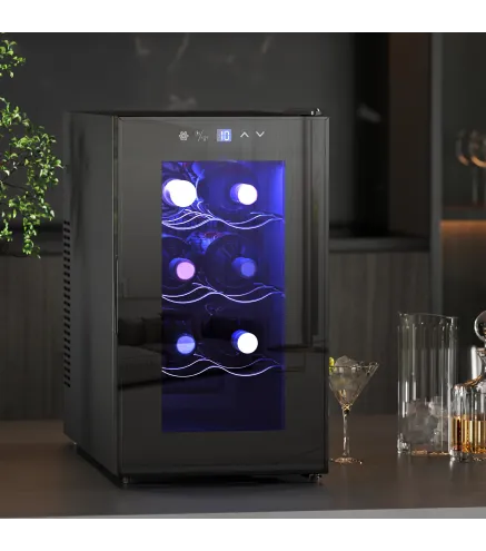 Vinoteca 8 Botellas con Doble Refrigeración Termoeléctrica Temperatura Ajustable 8-18℃ Puerta de Vidrio Negro