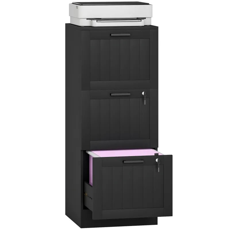 Mueble Archivador con 3 Cajones Cajonera para Escritorio con Cerraduras Carpetas para A4 y Carta 40x40x101 cm Negro