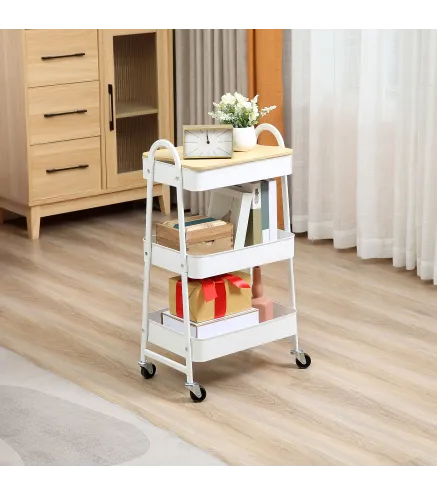 Carrito de Cocina con 3 Cestas de Acero y 1 Placa de Cubierta para Comedor Sala Baño 45x31x79,4 cm Blanco