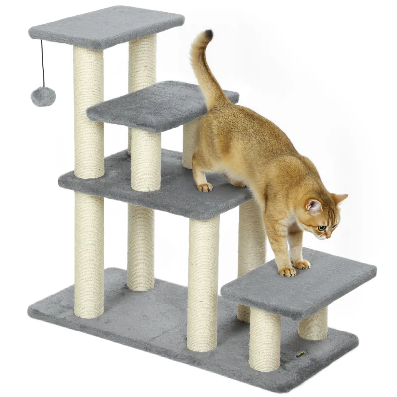 Escalera para Mascotas Ajustable de 3/4 Peldaños Escalera para Gatos con Postes Rascadores Bola Colgante Gris