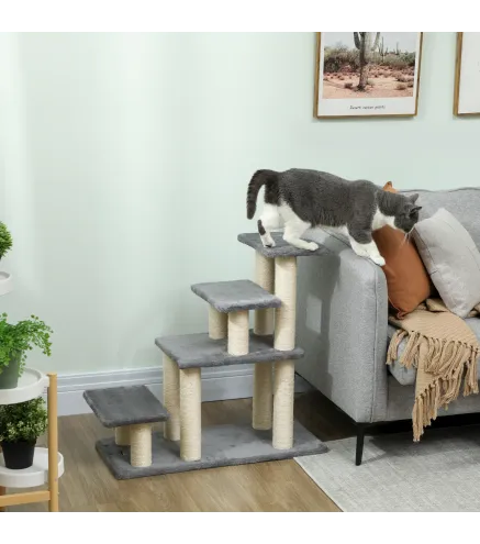 Escalera para Mascotas Ajustable de 3/4 Peldaños Escalera para Gatos con Postes Rascadores Bola Colgante Gris