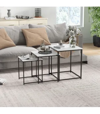 Mesas Auxiliares para Salón Mesas Nido de 3 Piezas con Efecto Mármol y Marco de Acero para Dormitorio Blanco