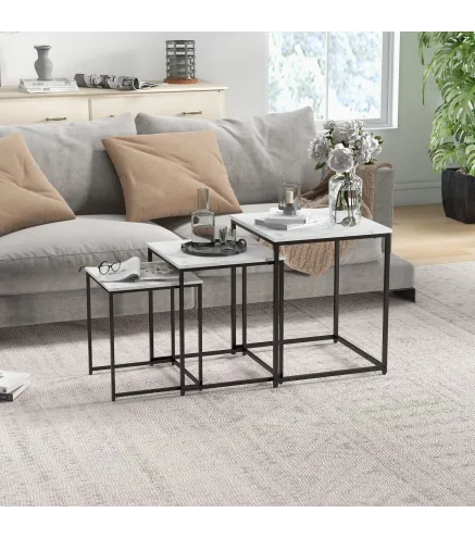 Mesas Auxiliares para Salón Mesas Nido de 3 Piezas con Efecto Mármol y Marco de Acero para Dormitorio Blanco