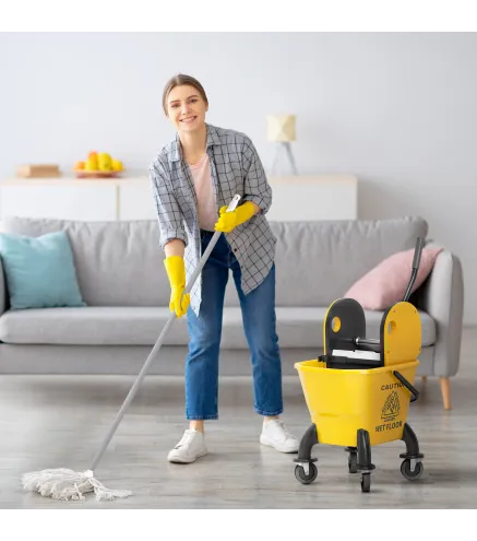 Cubo de Fregona con Ruedas y Escurridor Desmontable de Prensa Capacidad 26L Incluye Fregona y Asa Amarillo