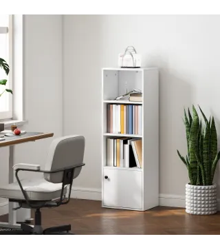 Librería de 4 Niveles Estantería para Libros Moderna con Estantes Abiertos y Puerta 40x30x120 cm Blanco