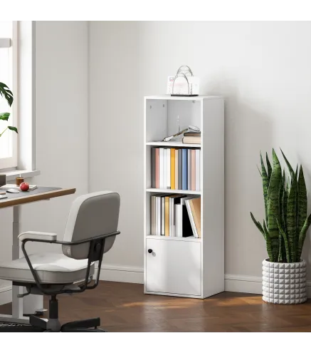 Librería de 4 Niveles Estantería para Libros Moderna con Estantes Abiertos y Puerta 40x30x120 cm Blanco