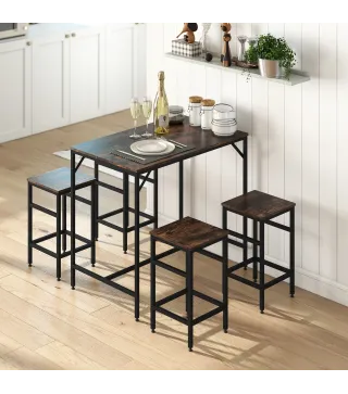 Mesa Alta de Cocina con 4 Taburetes Industrial Reposapiés Ahorro de Espacio para Espacios Reducidos Marrón Rústico