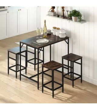 Mesa Alta de Cocina con 4 Taburetes Industrial Reposapiés Ahorro de Espacio para Espacios Reducidos Marrón Rústico