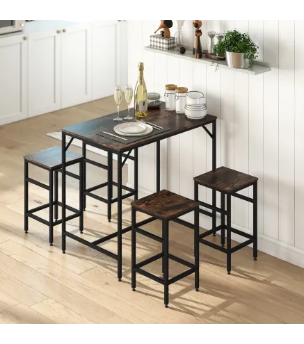 Mesa Alta de Cocina con 4 Taburetes Industrial Reposapiés Ahorro de Espacio para Espacios Reducidos Marrón Rústico