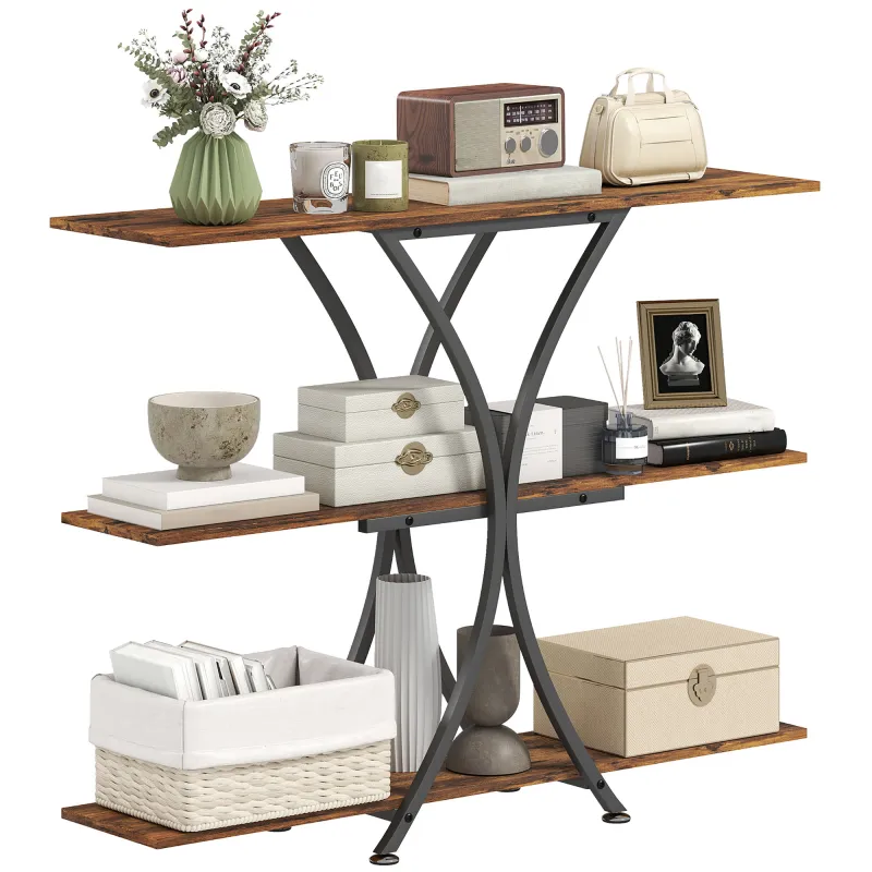 Mesa de Consola Mesa de Sofá con 2 Estantes Abiertos y Marco Metálico en X Estilo Industrial Marrón Rústico