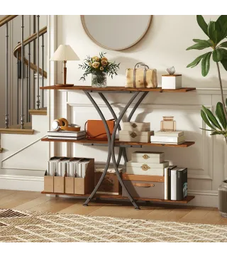 Mesa de Consola Mesa de Sofá con 2 Estantes Abiertos y Marco Metálico en X Estilo Industrial Marrón Rústico