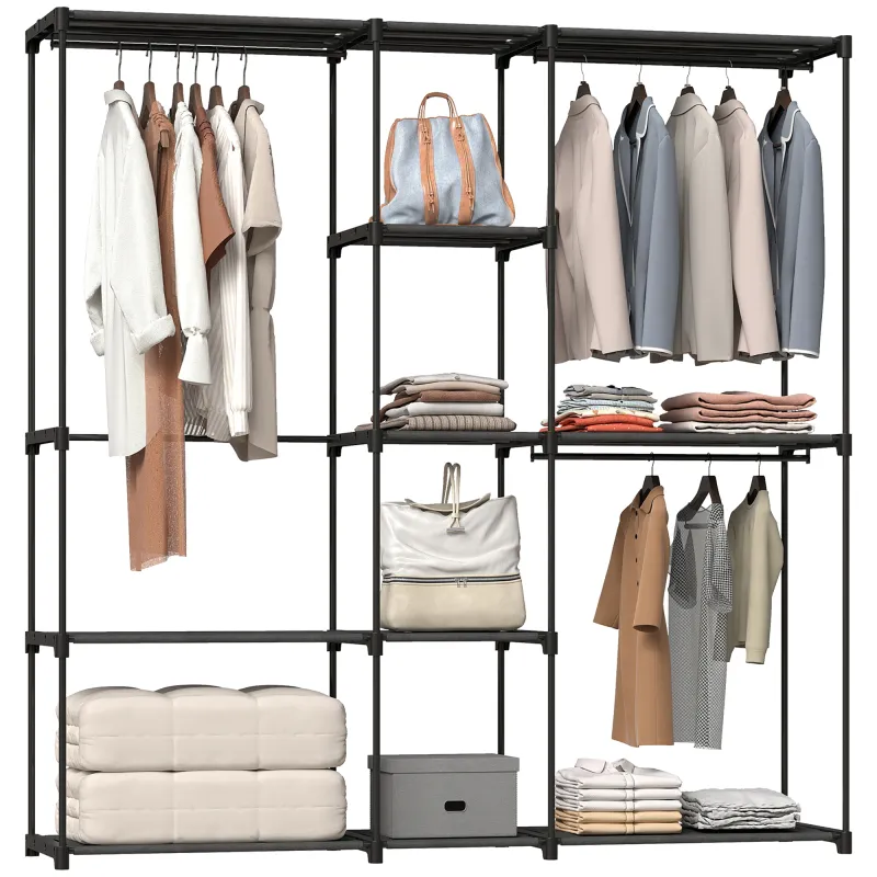 Armario de Ropa 182x43x185 cm Armario Abierto con 8 Estantes de Tela Barras para Colgar Marco de Metal Negro